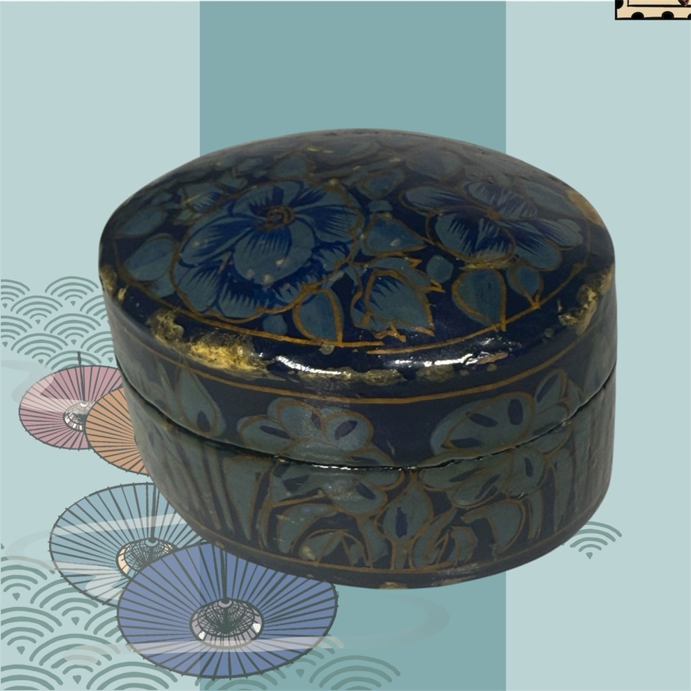 Vintage Floral Decorative Trinket Box - Dark Blue & Gold EUC
